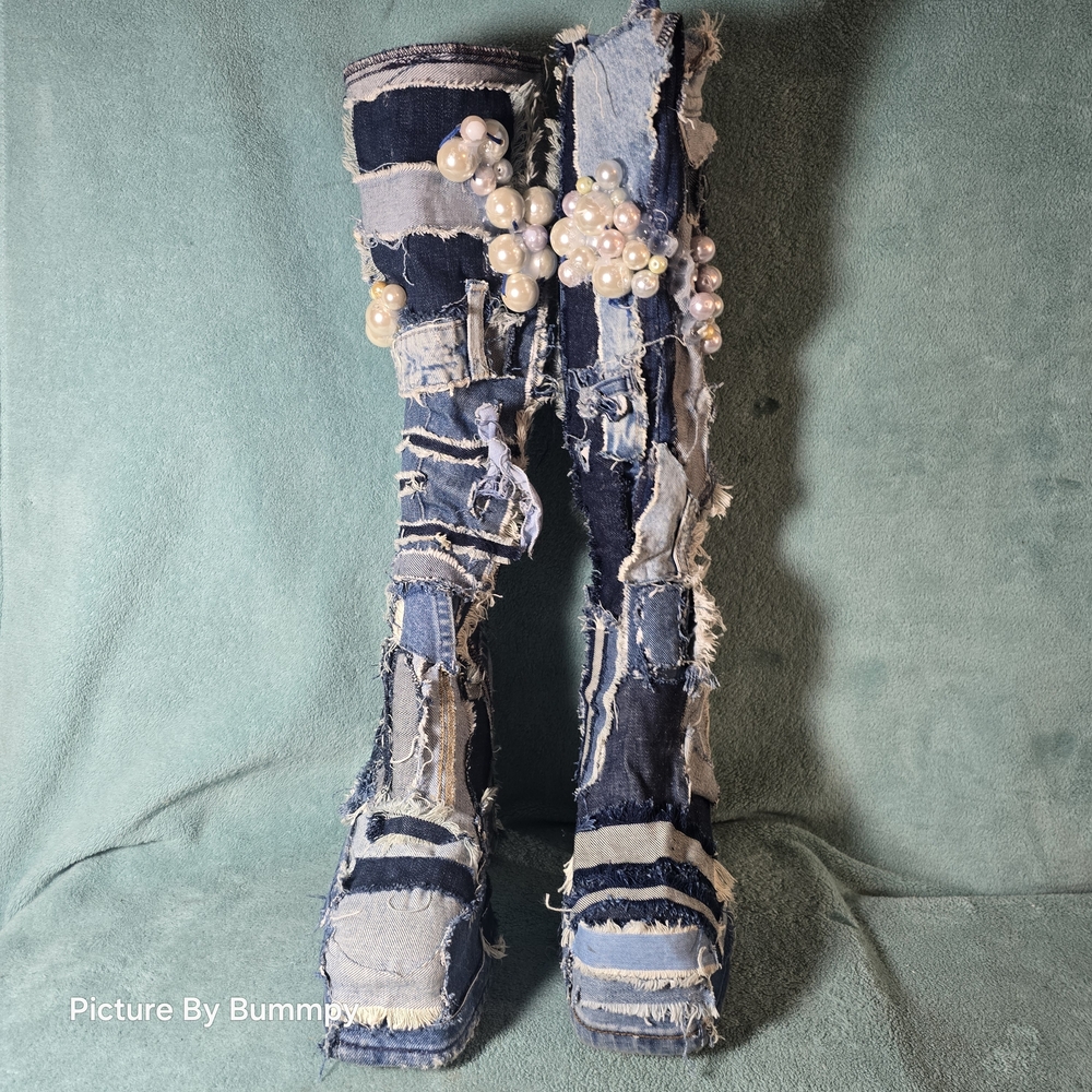 AZALEA WANG DENIM CHUNKY PATCHWORK PLATFORM BOOT.Denim Patchwork Knee-High Boots - Picture 4 of 16